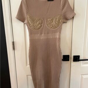 Fashion Nova Tan Ribbed Dress with Lace Detail